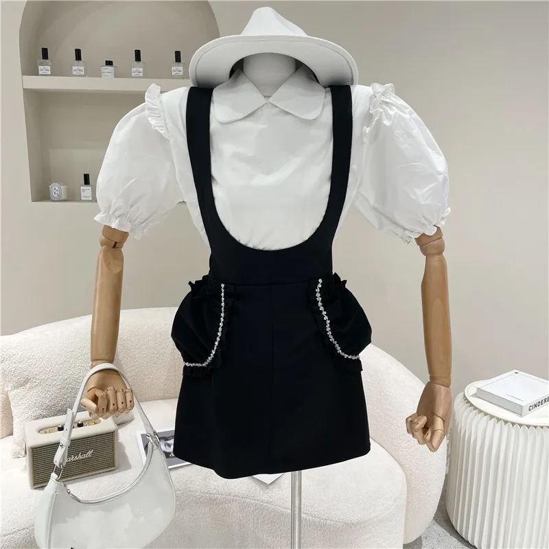 

NewWomen's clothing Spring Summer 2021 Fashion Bubble sleeve temperament shirt + High waist Strap skirt