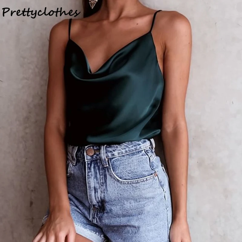 Женский однотонный жилет на бретелях, шифоновая рубашка из искусственного шелка, летняя одежда, Женская футболка 2021, Сексуальный Топ для женщин