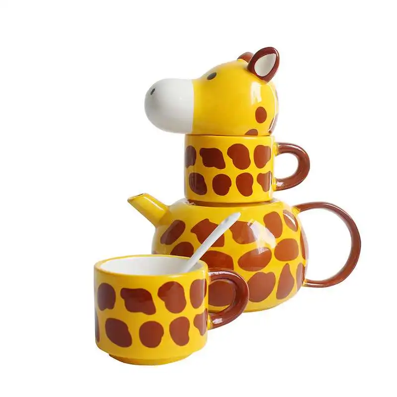 

Tea Cups And Teapot Set Of 4 Coffee Ceramic Glass Giraffe Animal Mug Creative Mark Tumbler Sweethearts With Lid And Teaspoon