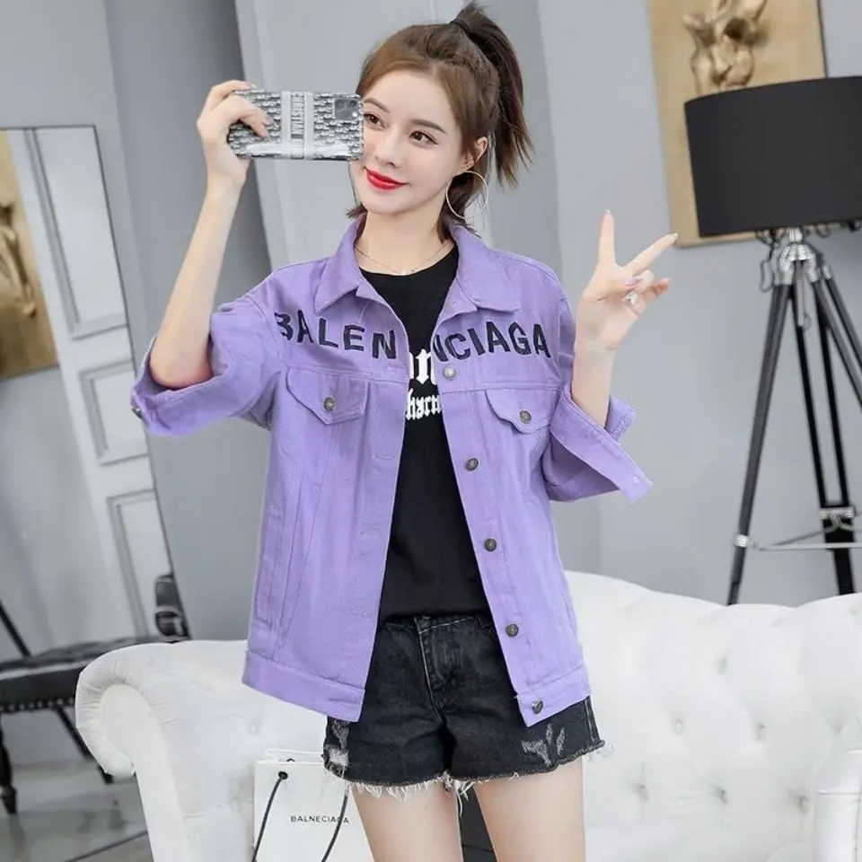 

Denim Jacket Women's short loose 2021 spring and autumn new embroidery candy color Baseball Jacket