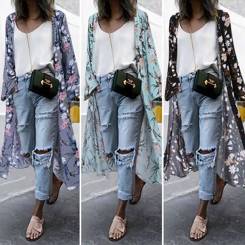 В богемном стиле с принтом кардиган для женщин длинными рукавами и цветочным