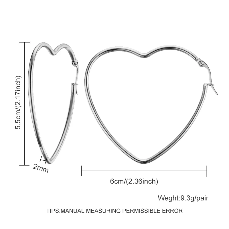6cm heart Модные серебряные серьги-кольца из нержавеющей стали для женщин 10 мм 80 мм Большой Круг круглая петля креольские серьги ювелирные изделия Букле д 'ореиль - Окраска металла: 6cm heart
