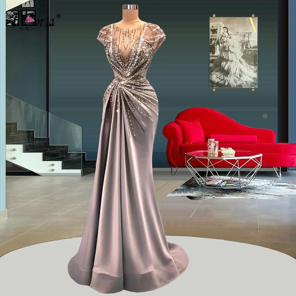 

New Design 2022 Long Mermaid Silver Evening Dress Sheer Neck Chic Beads Cap Sleeves Formal Occasion Women Party Gowns Evening