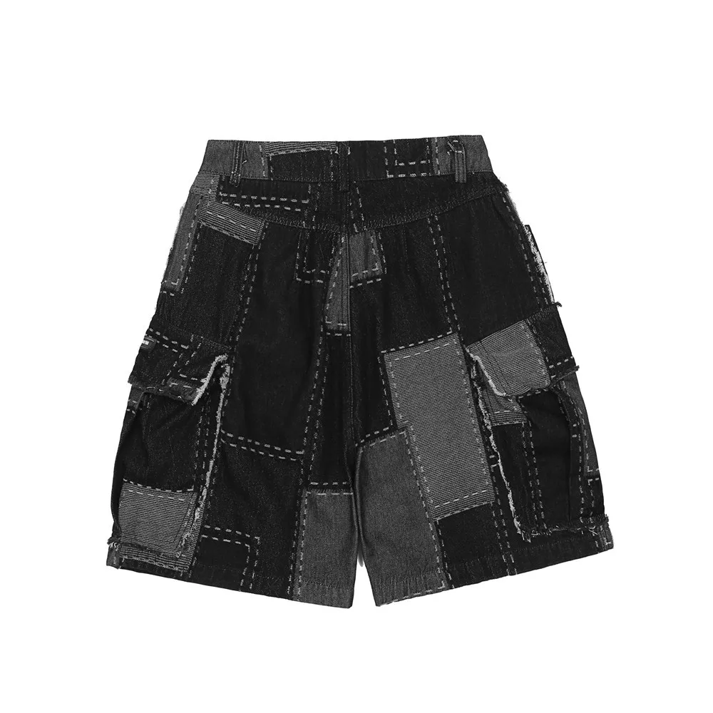 Men's Big Pockets Loose Shorts Hip-Hop Spring Summer Plaid Stitching Denim Shorts Streetwear Bottoms Men Knee Lenght Short