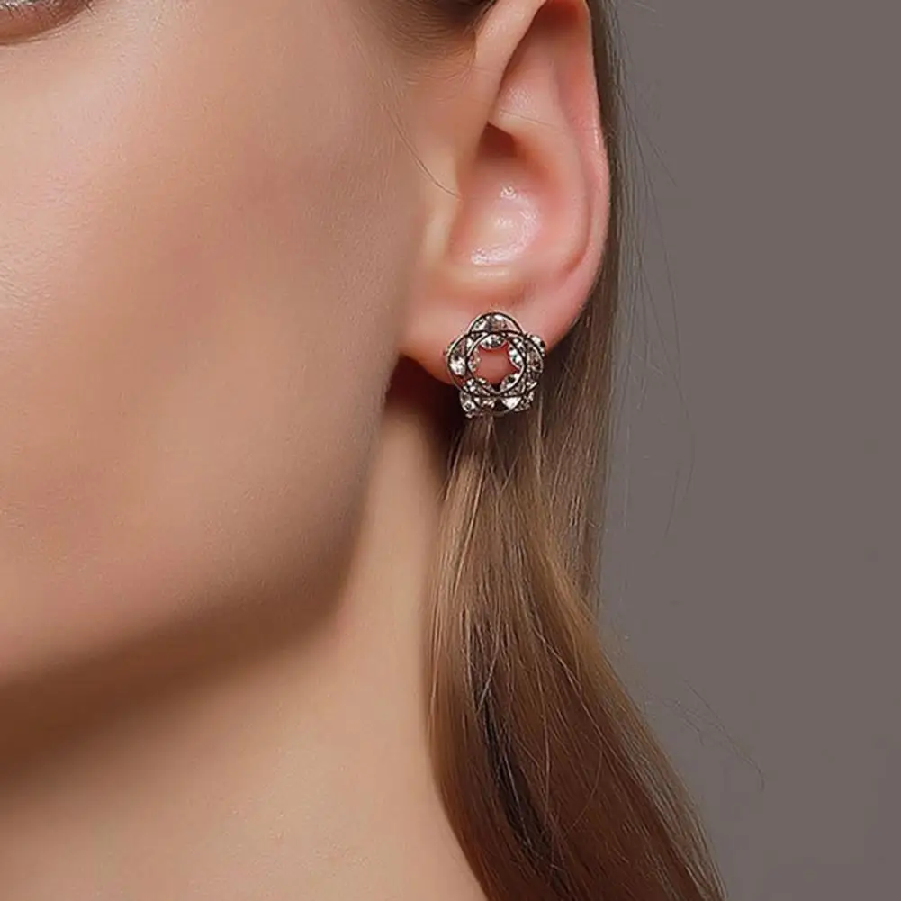 

1 Pair Hollow Flower Ear Studs Durable Cross Inlaid Cubic Zirconia Women Ear Studs for Dating