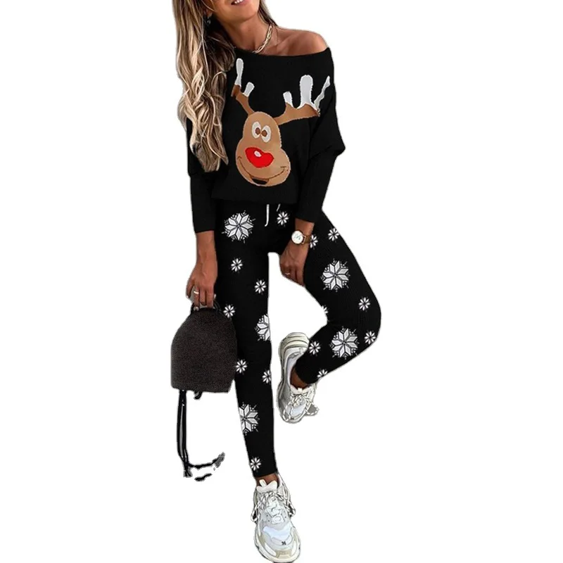 

Women's Casual Tracksuit 2Pcs Christmas Costume Winter Top Pants Suit Printed Long Sleeve Round Neck Elastic Waist Clothing Set