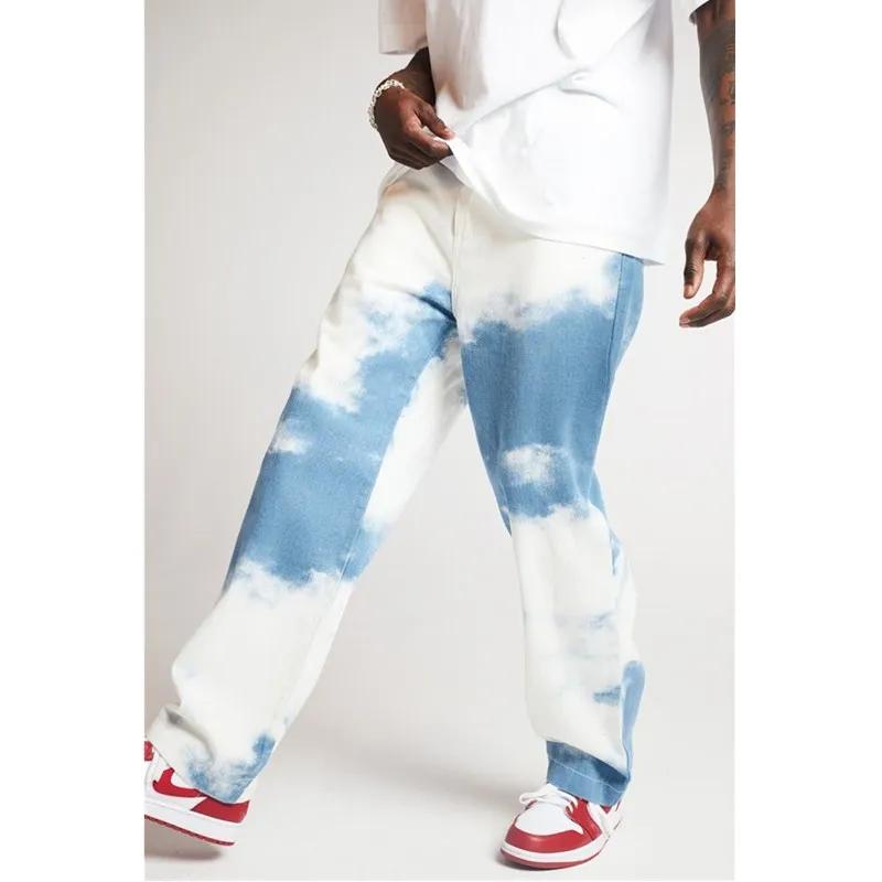 Blue Tie-dyed Men Jeans Denim Pants Straight Leg fitted baggy Jeans Washed soft Comfort Chino Trousers Hip-hop Streetwear 2021