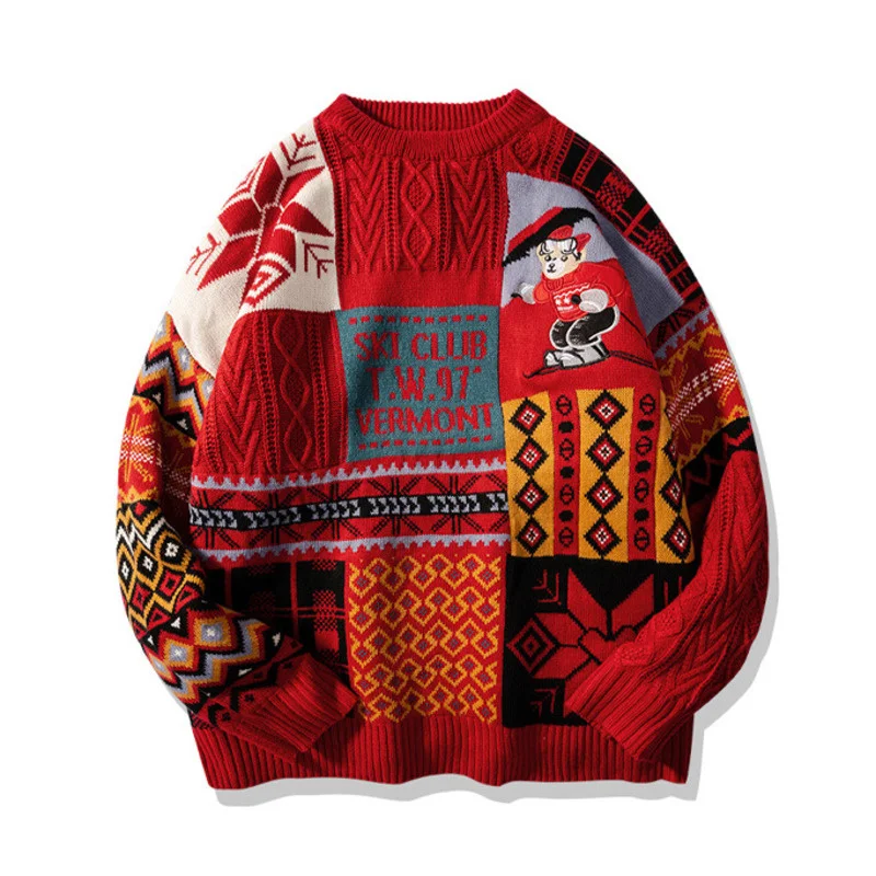 

2021 Autumn and Winter Red Sweater Women and WoWomen Plus Velvet Base Sweater Hong Kong style Couple Knit Sweater