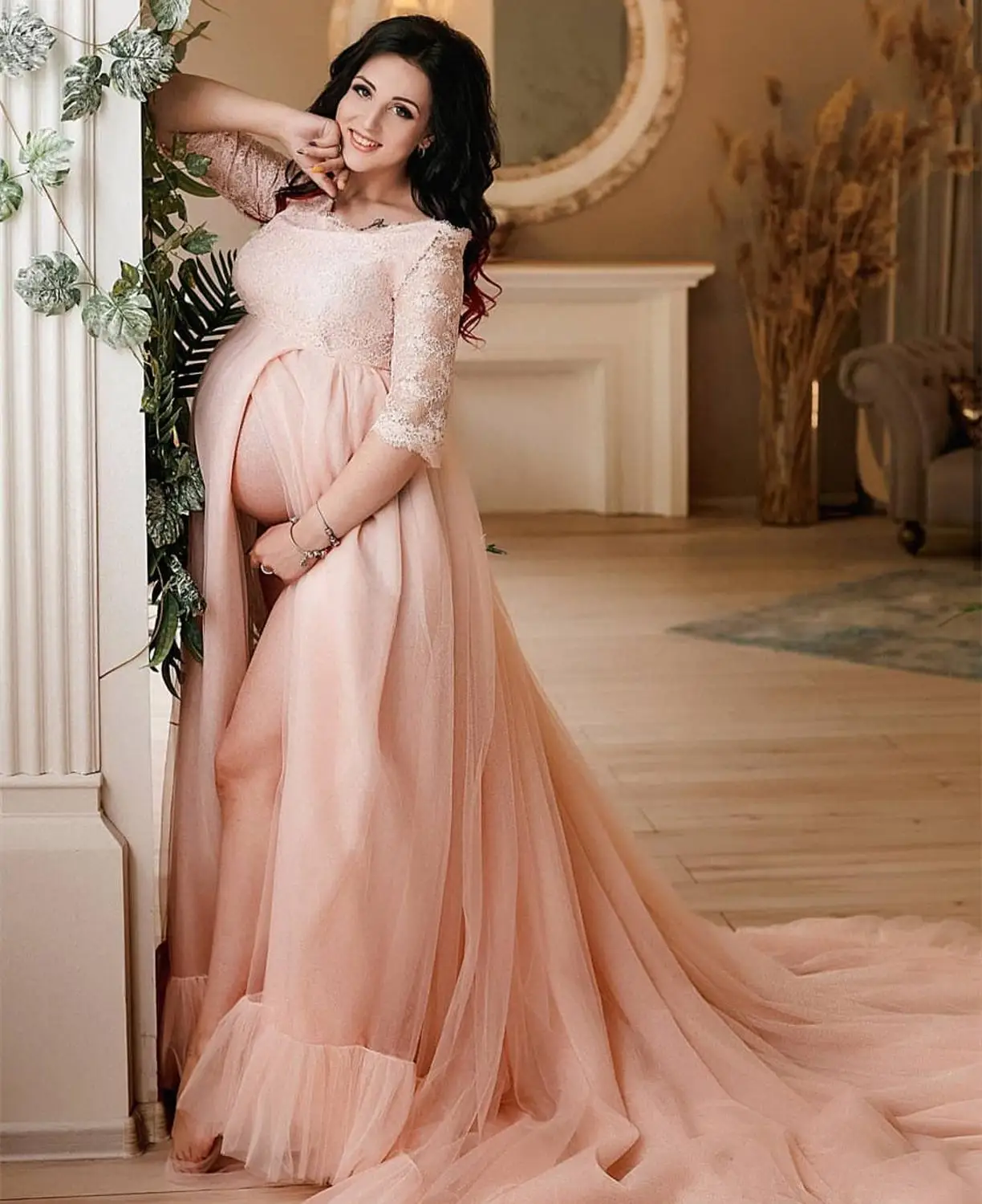 

Вечернее платье для беременных 2020 с длинным рукавом ТРАПЕЦИЕВИДНОЕ кружевное платье с аппликацией, светильник цвета шампанского для женщи...