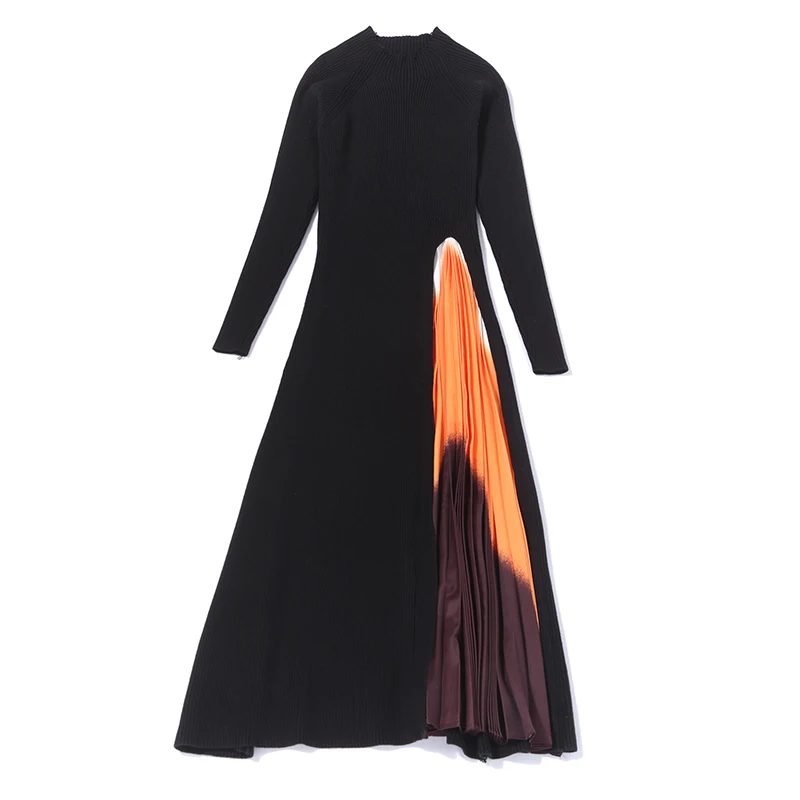 

Splicing Elegant Vestidos Trendy Pastel Black Dress Women Winter Autumn Knitted Robe A-line Party Dress Office Women Clothes