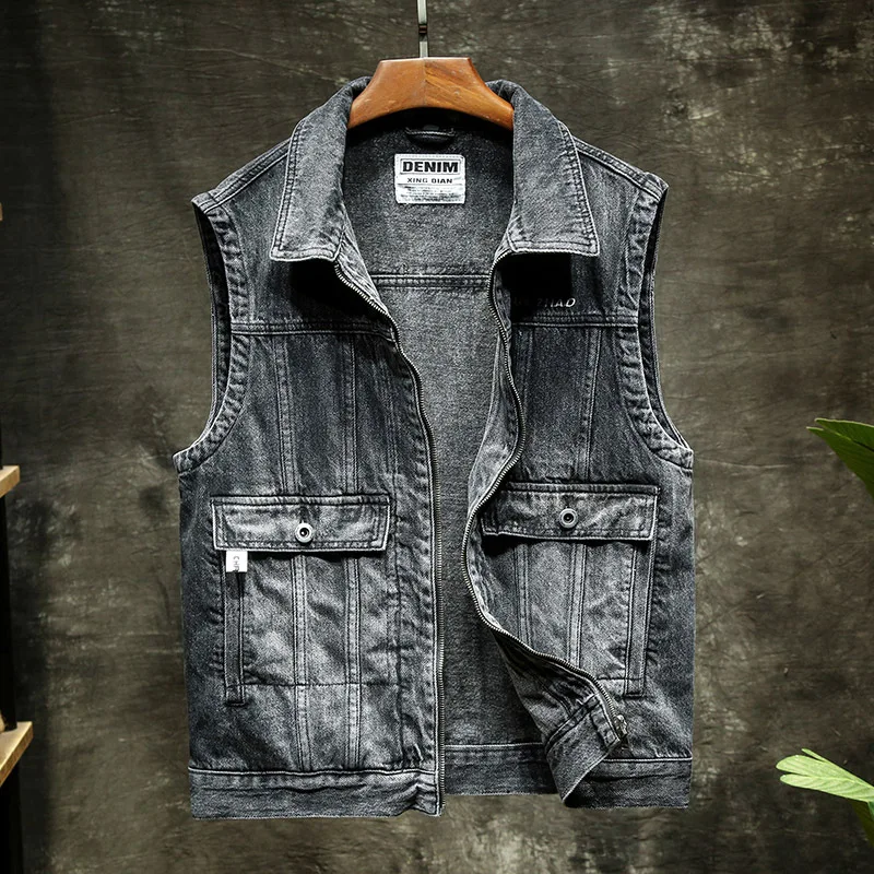 

Q16-8181 Men Cargo Denim Waistcoat Outwear Japan Style Luxury High Quality Loose Cotton Casual Sleeveless Multi-Pocket Vest