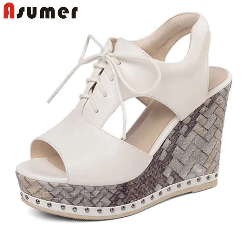 

Женские босоножки на танкетке ASUMER, из натуральной кожи, на шнуровке, с заклепками, летняя обувь для вечеринки, 2021