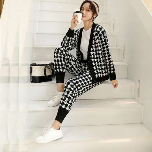 

2020 women's new foreign style two piece set autumn and winter loose knitwear pants sweater cardigan set
