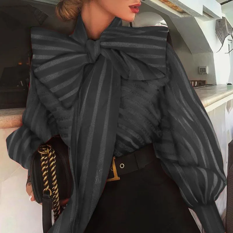 Женская блузка в полоску DEAT тонкая рубашка из органзы с бантом на воротнике и