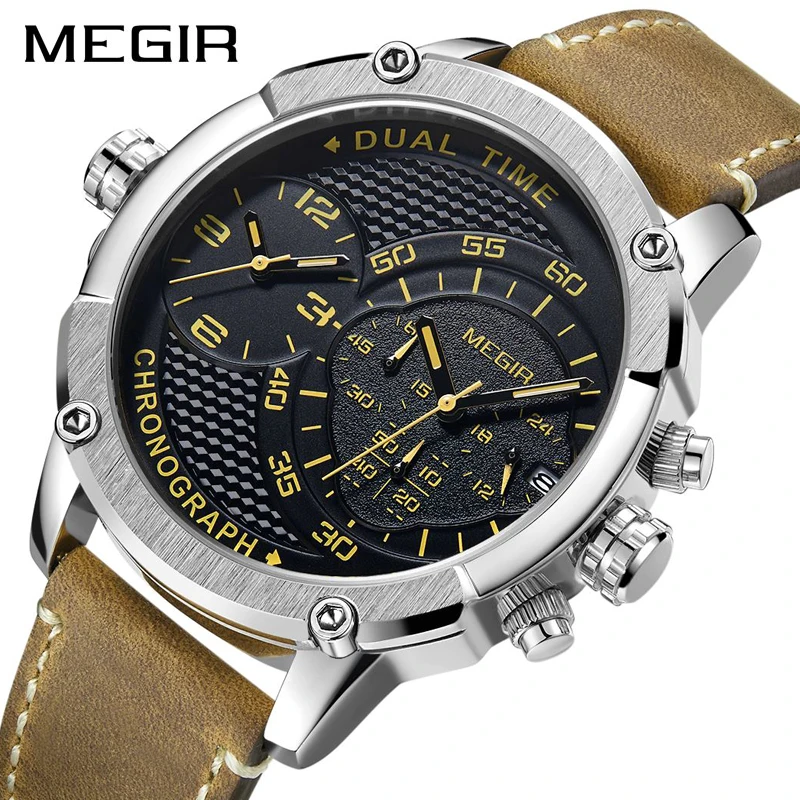 

MEGIR New Design Chronograph Sports Watch Fashion Luxury Watches For Men Dual Time Zone Watch Relogio Masculino Men Quartz Watch