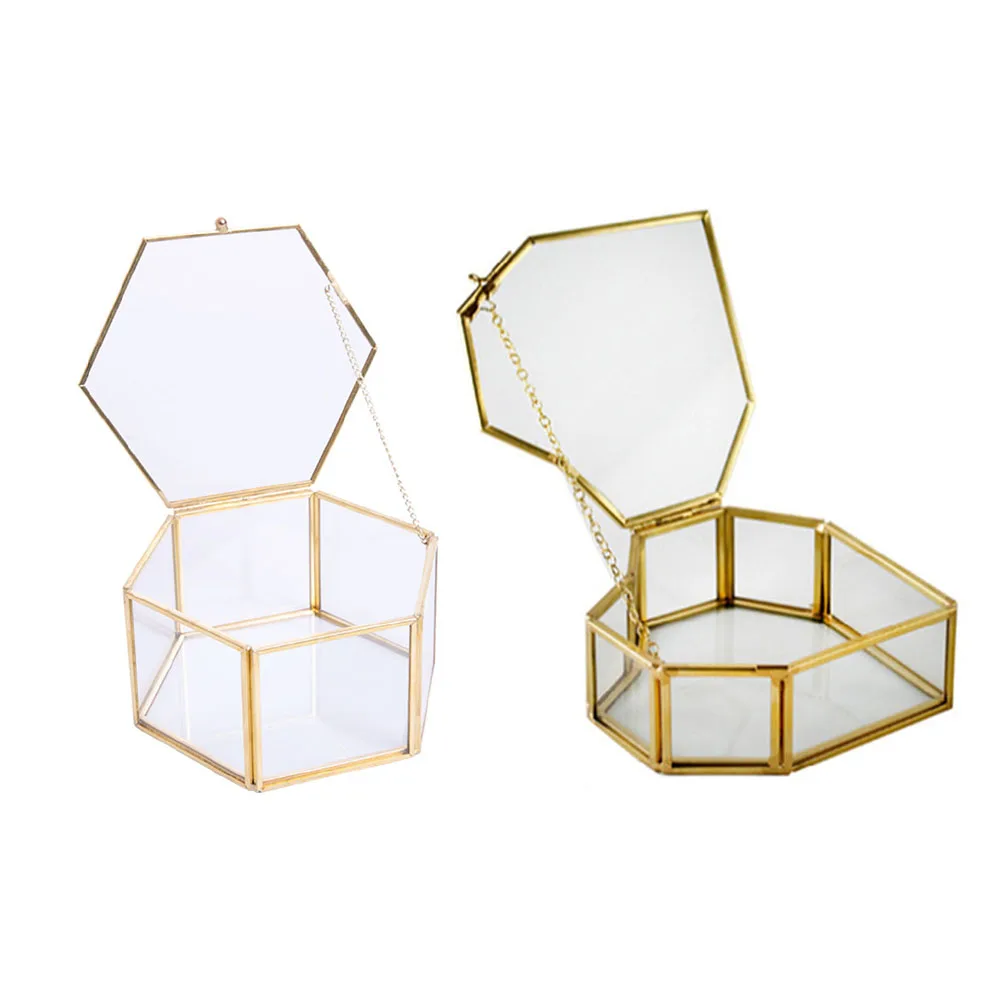 

Hexagon Geometric Clear Glass Jewelry Box Organizer Holder Ring Box Necklace Bracelets Earrings Tabletop Accessories Container