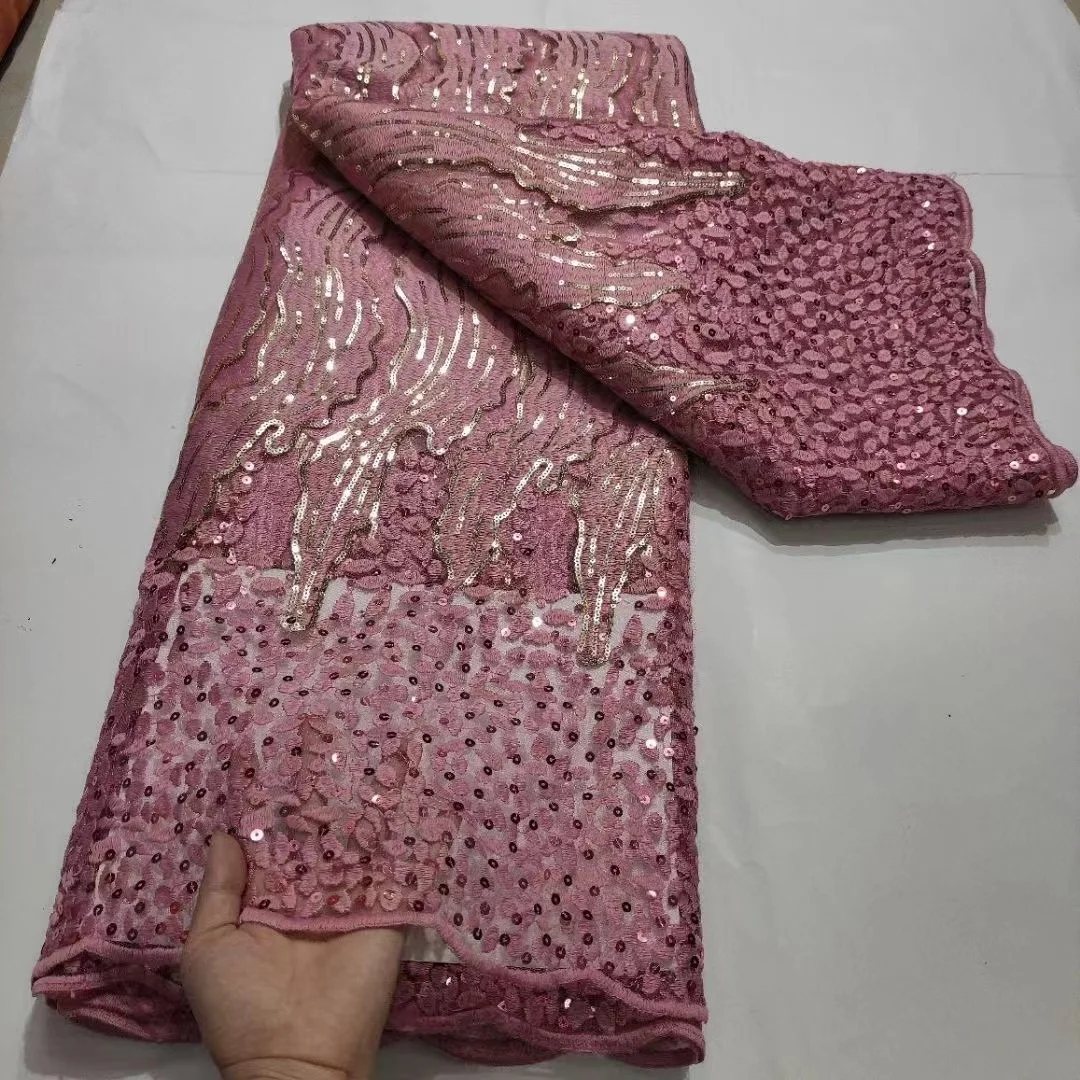 

2021 High Quality Nigerian Lace Fabric Embroidered African Sequins Net Lace Fabric New Design onion Sequins Lace Fabric 5 Yards