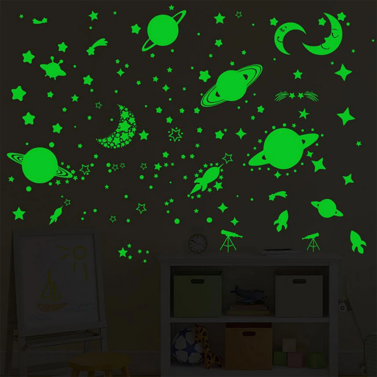 

6 PCS Self-Adhesive Glow Stickers Star Moon Galaxy Planets Adhesive Wall Sticker for Ceiling Wall Luminous Kids DIY Stickers