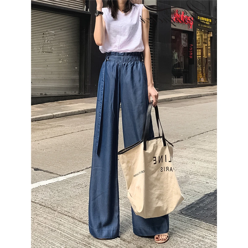 

Женские широкие брюки до пола, повседневные брюки большого размера с высокой талией и эластичным поясом, 2021