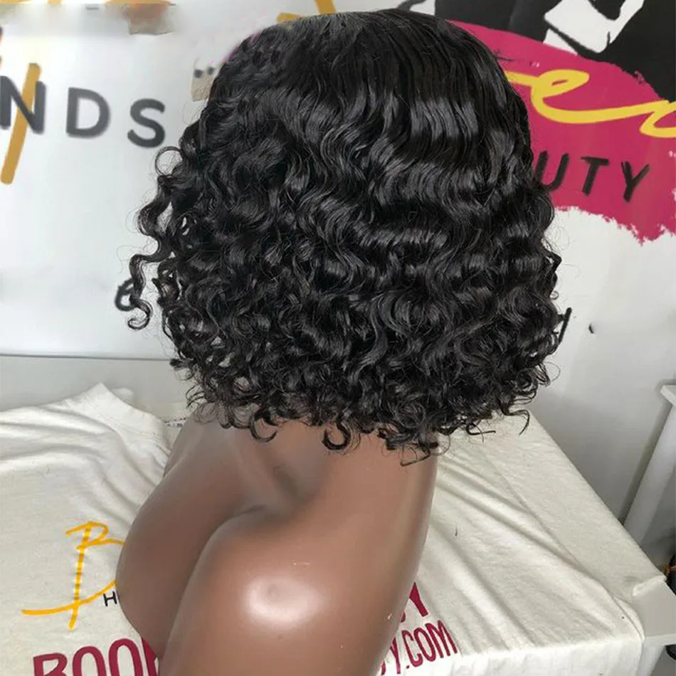 

Middle Part 180% Density Preplucked Natual Black Short Cut Bob Lace Front Synthetic Wig for Women With Baby Hair Kinky Curly
