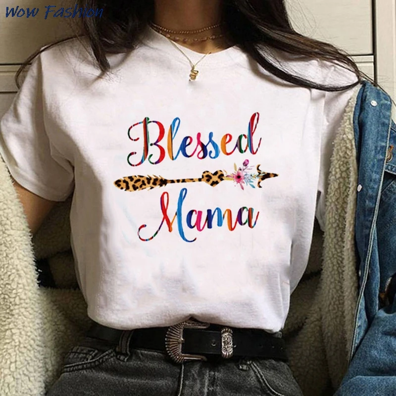 

Blessed Mama Rainbow Letter Love T-shirt Summer O Neck Women White Mother's Day Tee Top Female T-shirt