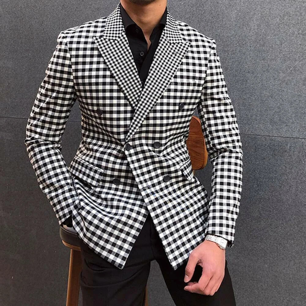 Мужские костюмы в клетку на свадьбу двубортный пиджак черные однотонные брюки