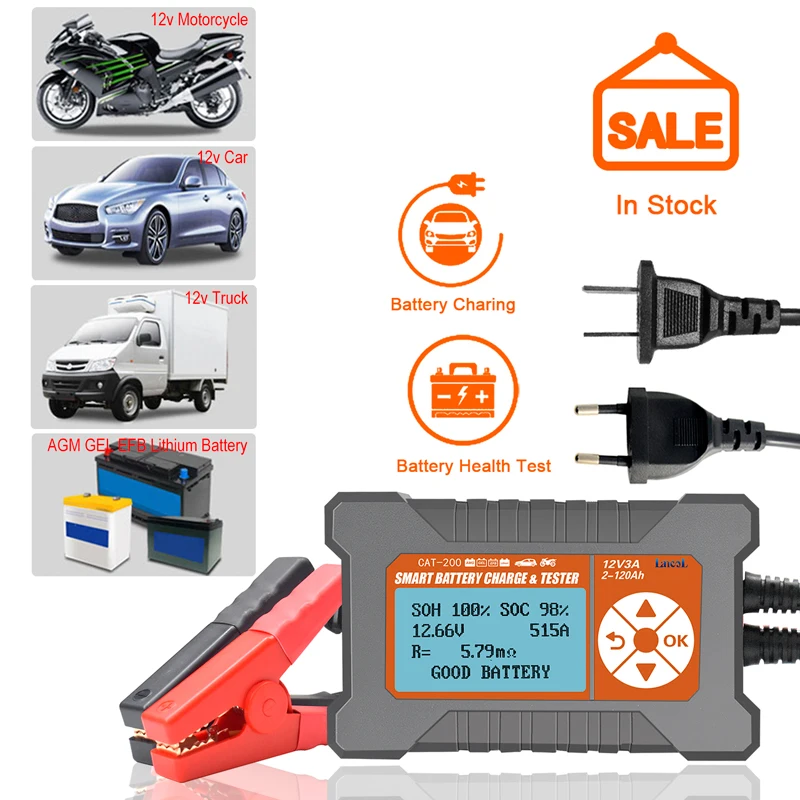 Car Battery Tester & Charger 12V 3A 2-120AH LCD Display Lead-Aicd Intelligent Smart Automatic Analyzer Dropshipping | Инструменты