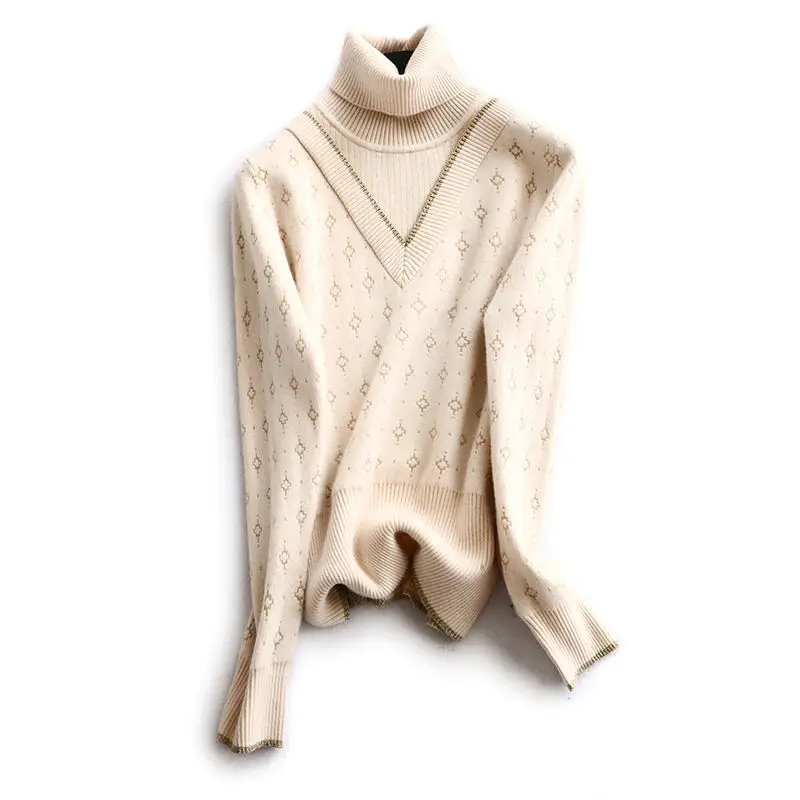 

Autumn and winter new loose stitching high collar Pullover women's top