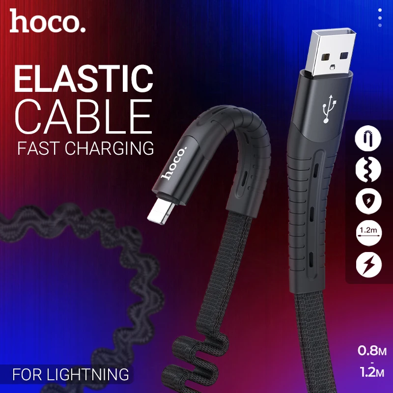 hoco spring usb cable for lightning wire charging data sync phone charger cord for iPhone 11 Pro XS MAX XR X 8 7 6 stretching