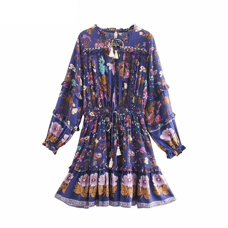 Boho королев для женщин с цветочным принтом Длинные Рукава Кисточкой оборками