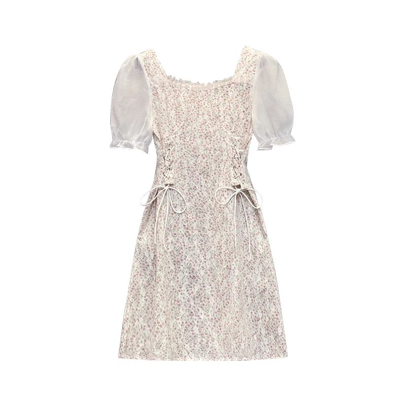 

4XL Plus Size Women Vintage Lace Dress Summer 2021 Organza Puff Sleeve Lace Up High Waist A-Line Sweet Floral Dresses