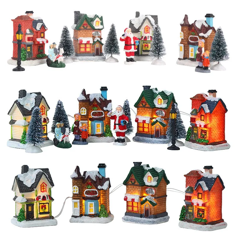 LED Resin Christmas Village Set Party Decoration Santa Claus Pine Needles Snow Street View House Holiday Gift Home Ornaments | Дом и сад