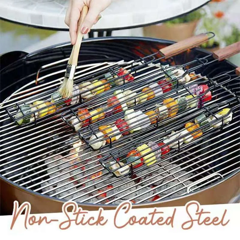 

Hot Portable Kabob BBQ Grilling Basket Stainless Steel Reusable Durable Anti-Corrosion Wooden Handle Barbecue Tool Basket Grill