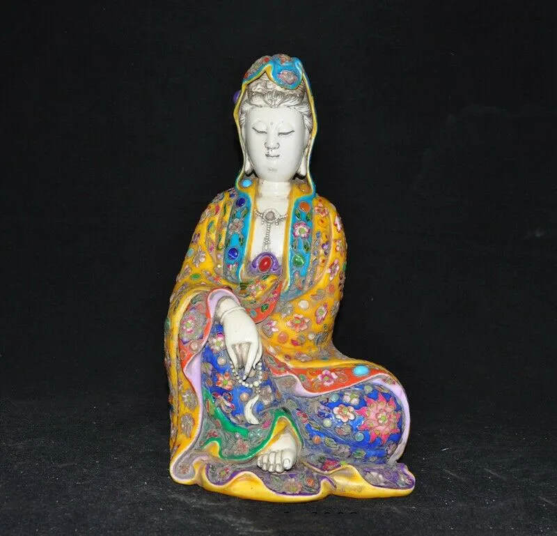 

Свадебные украшения китайский фарфор Wucai филигрань эмаль инкрустация gem Гуань Инь статуя Гуаньинь Будды