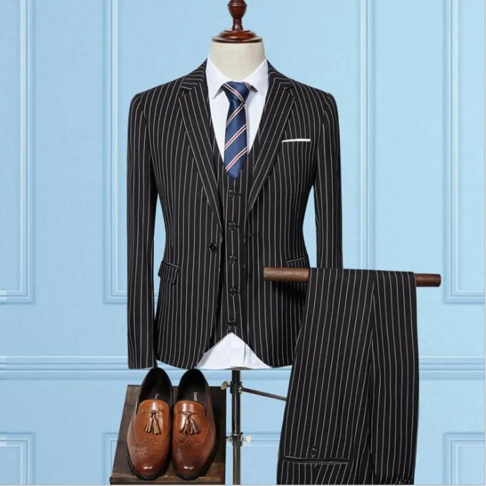 Mens Business Casual Suit Three-piece Blazer   Vest   Trousers Set Korean Striped Groomsman Wedding Party Clothing