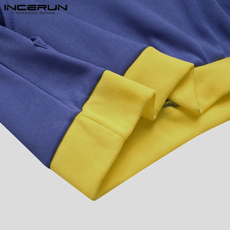 

Casual Long Sleeve Hooded Pullovers Men Patchwork Hoodies INCERUN Man Fashion Color Stitching Pockets Sweatshirts Streetwear 3XL