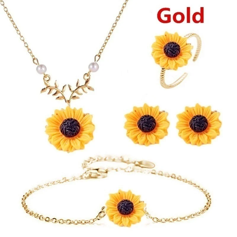 1 5PCS/Set Necklace Earring Bracelet Ring Set Women Fashion Jewelry Accessories Sunflower Jewelry Gifts Charm Pendant Necklaces - Окраска металла: 1