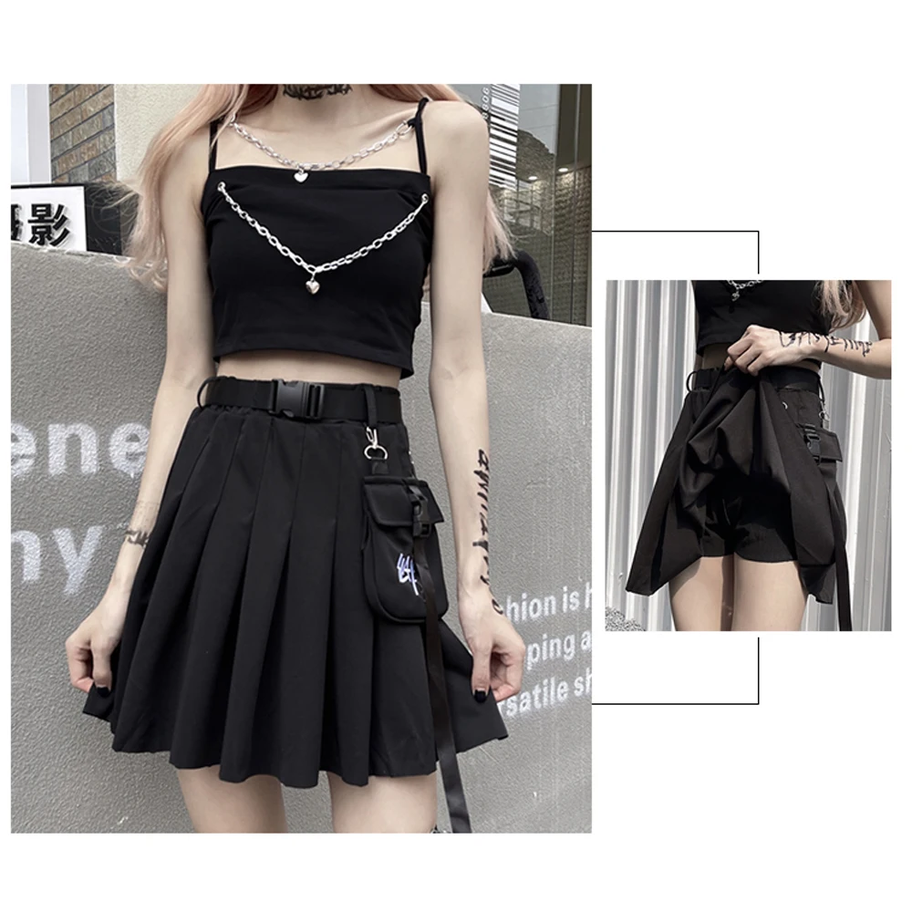 

Plaid Skirt Women 2021 Harajuku High Elastic Waist Black Mini jupe Goth Skirts Red Punk Pleated Skirt With Belt And Waist Bag