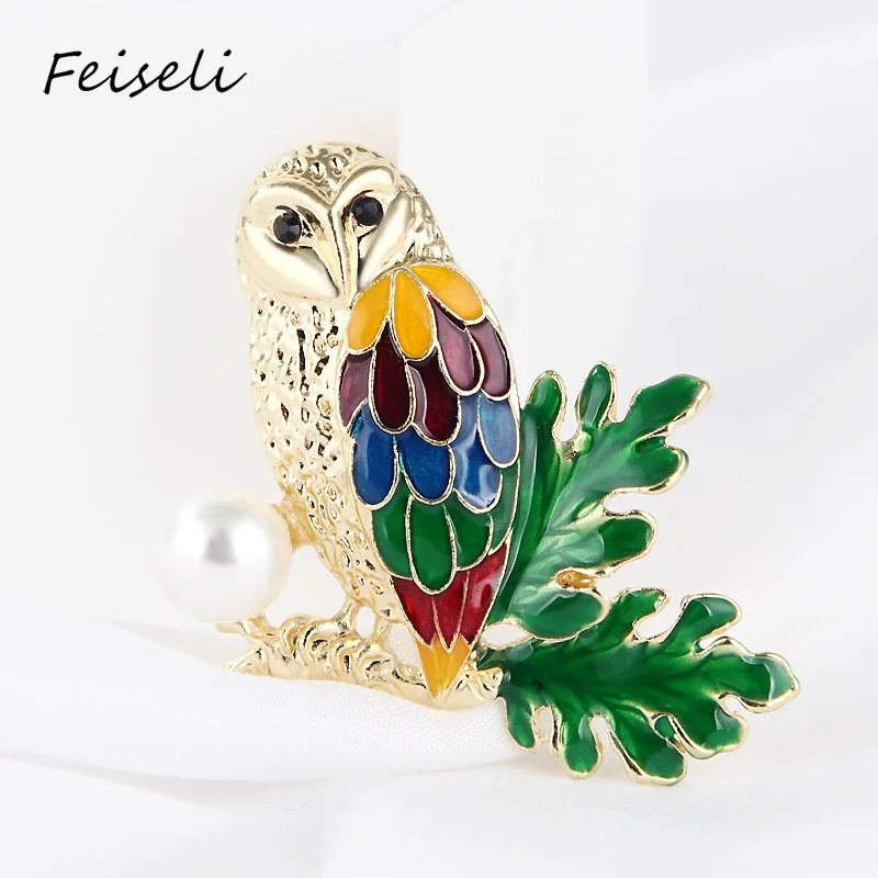 Feiseli искусственная жемчужина цветная сова птица брошь для женщин свитер одежда