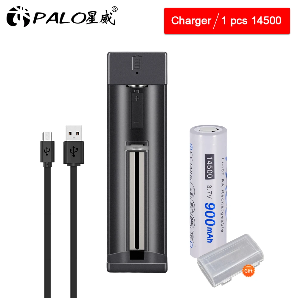 

PALO 3.7V AA 14500 lithium Li-ion rechargeable batteries 900mAh for LED flashlight + charger for 18650 14500 16350 18500 etc