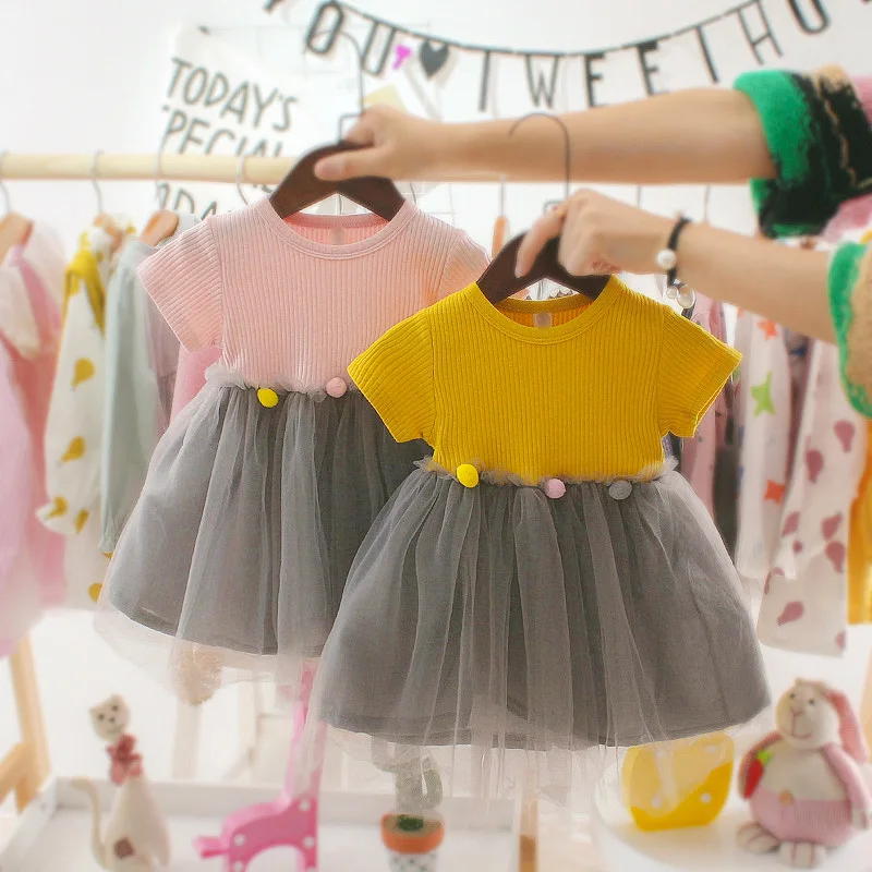 Knitted Baby Girl Dresses Lace Princess Summer Toddler Girls Short Sleeve Pompom Dress Outfits 1st Birthday Clothes | Детская одежда и