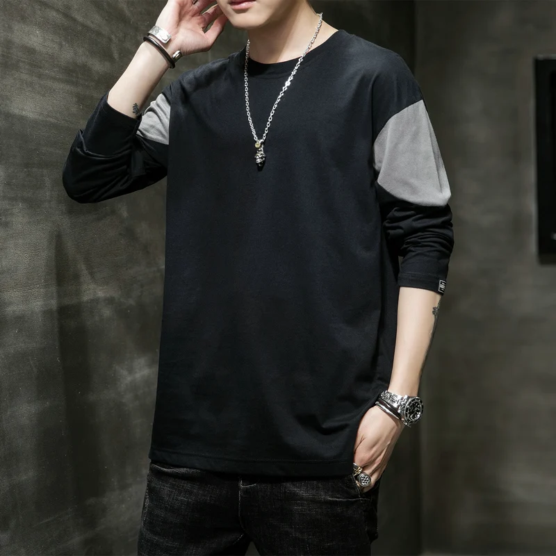 Футболка мужская с длинным рукавом круглым вырезом и пэчворком|Мужские футболки|