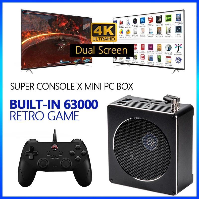 Super Console PC Box For PS3PS2PS1WIIDC 63000+ Games Mini PC With Dual Screen Output 2T HDD Win 10 + Batocera Game System