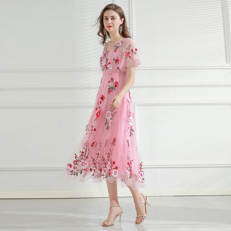 

Long Dress Designer High Quality 2021 Spring Summer New Luxury Flower Embroidery Pink Mesh Fashion Party Women'S Dress