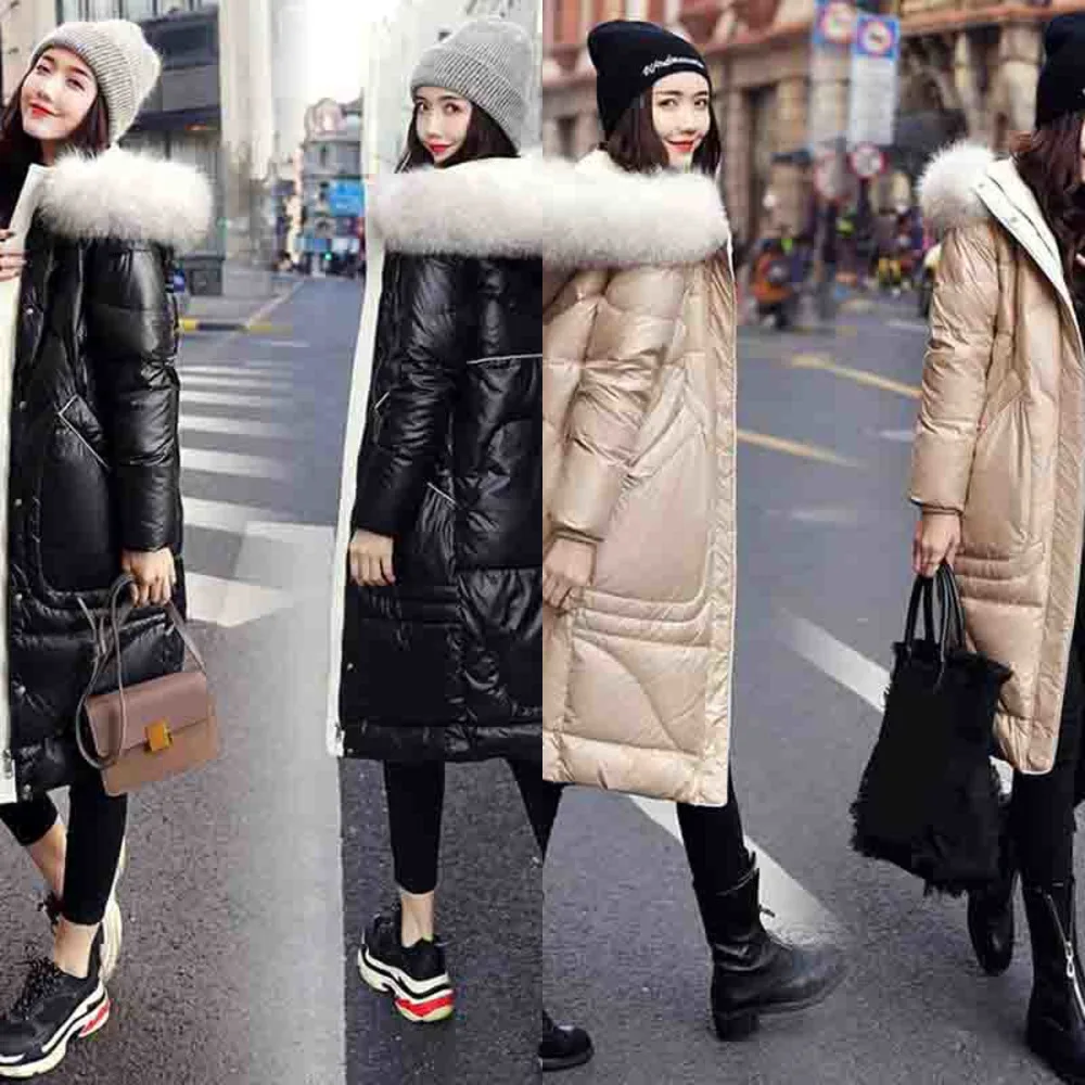 

Winter Coat Fashion White Duck Down Jacket Women Thick Warm Real fur collar Hooded Glossy Long Down Jacket Snow Outwear