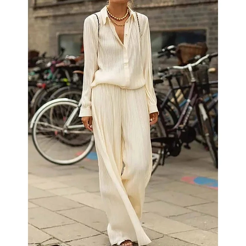 

Lugentolo Long-sleeved Shirt and Wide-leg Pants Two Piece Set Women Perspective Solid Color Womens 2piece Set