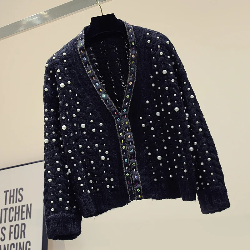 Женский вязаный свитер черный свободный джемпер с вышивкой бисером Осень-зима |