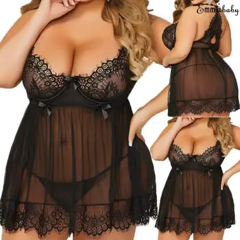 Plus Size M-3XL Sexy Lingerie Lace Black Mesh Sexy Underwear Women G-string Dress Underwear Babydoll Hot Erotic 1