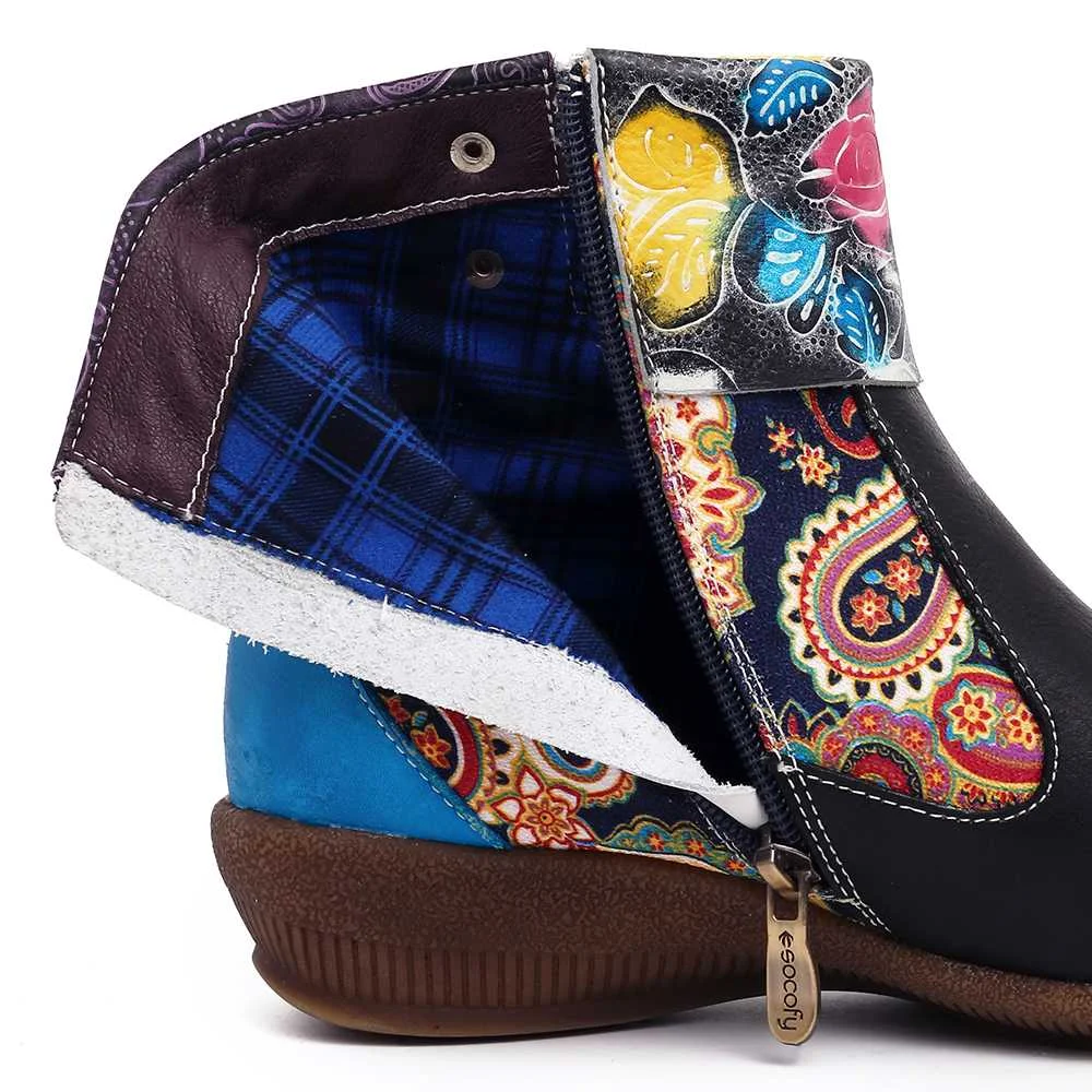 SOCOFY botas mujer; удобные черные ботильоны из натуральной кожи на плоской подошве в стиле ретро с рисунком розы; женская обувь на каблуке; вечерние зимние ботинки; коллекция года