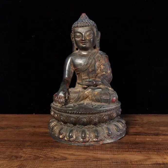 

Home Decor 7" Tibet Buddhism Old Bronze Cinnabars Sakyamuni Buddha Sitting on a double lotus platform Enshrine the Buddha